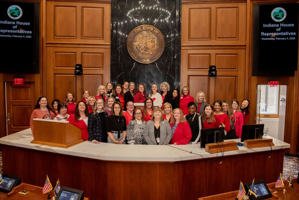 IFRW members gathered on the floor of the Indiana House of Representatives on Legislative Day, February 4, 2026