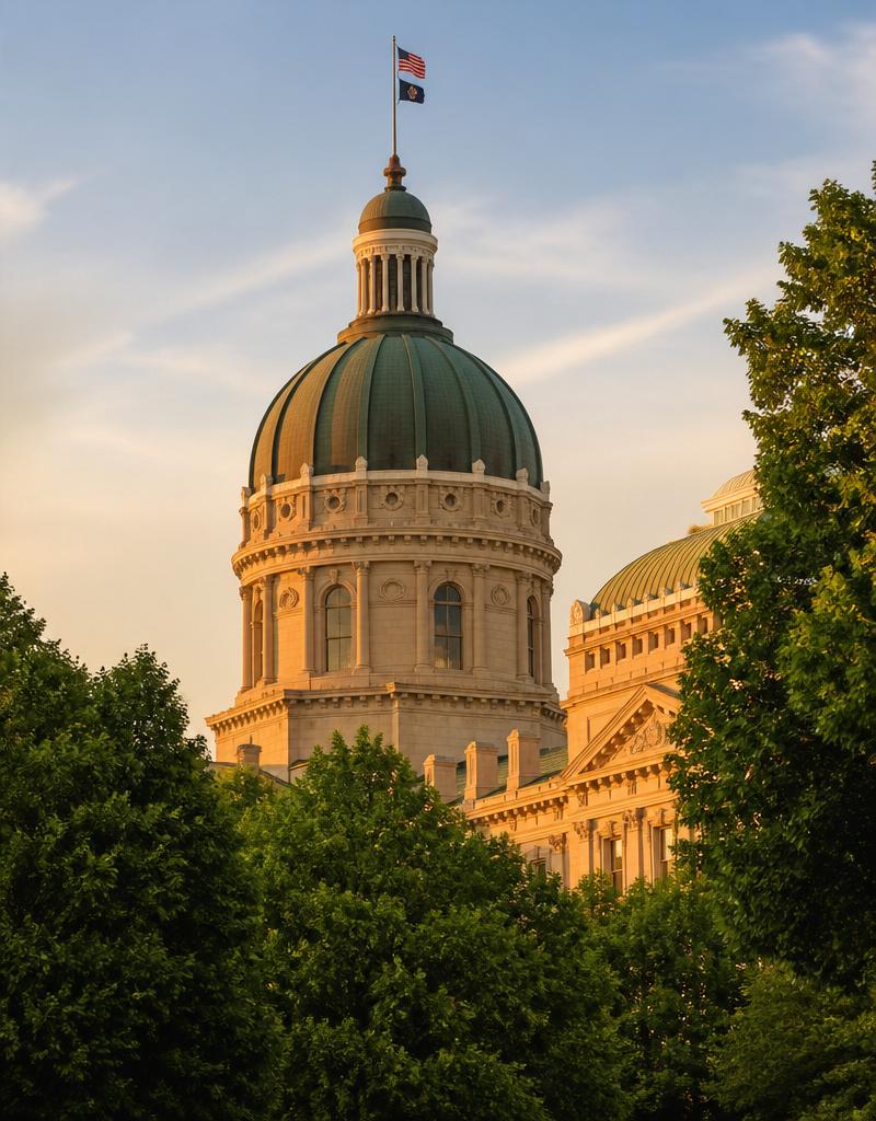 The Indiana State House dome in Indianapolis at golden hour
